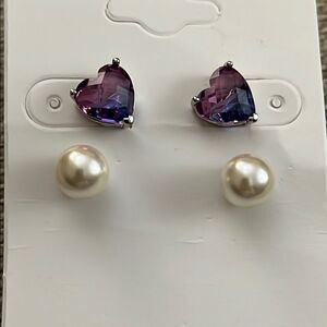 Purple Heart and White Pearl Stud Fashion Earrings